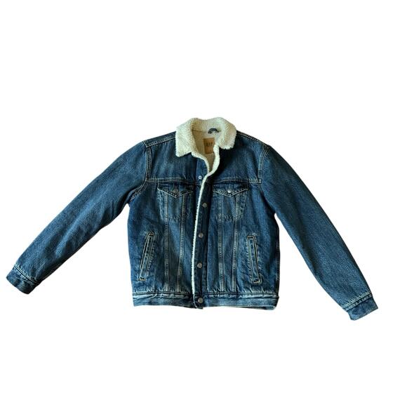 Gap Men's Sherpa Lined Medium Blue Denim Jean Trucker Jacket - Size Medium - Picture 3 of 9